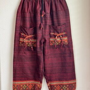 Beautiful Loose 100% Cotton Boho Pants With Elastic Waistband & Drawstring - M